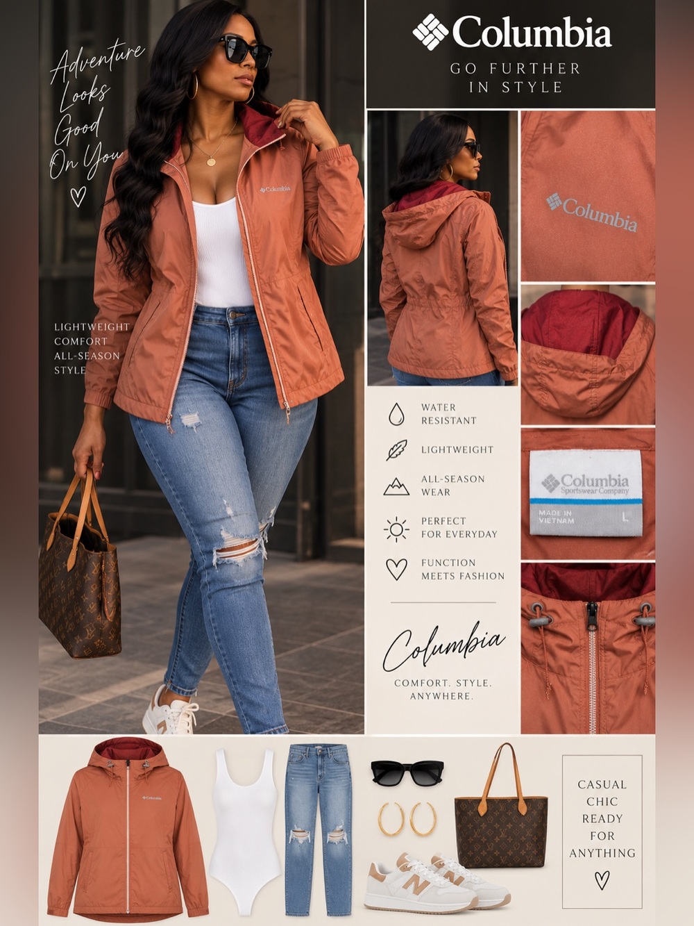 Columbia Women's Lightweight Hooded Jacket — Rust with Burgundy Lining Sz Large